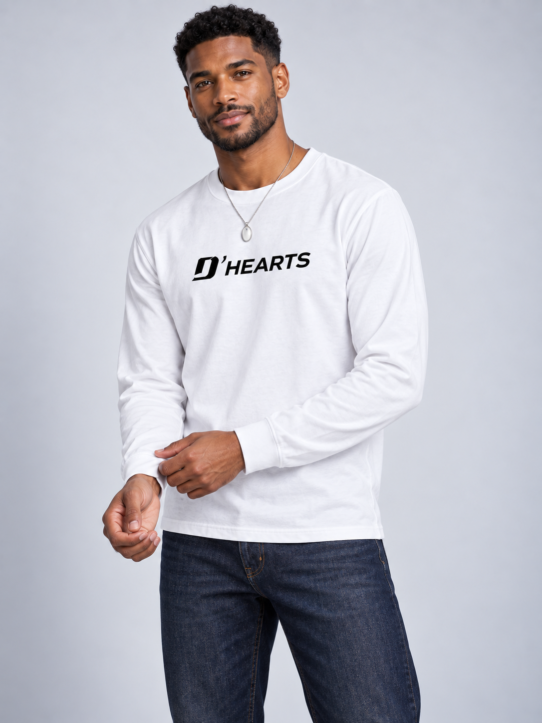 D'HEARTS unisex long sleeve in White — Chest Logo Front